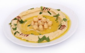 a puree of chick peas blended with tahina (pulped sesame seeds), lemon and garlic